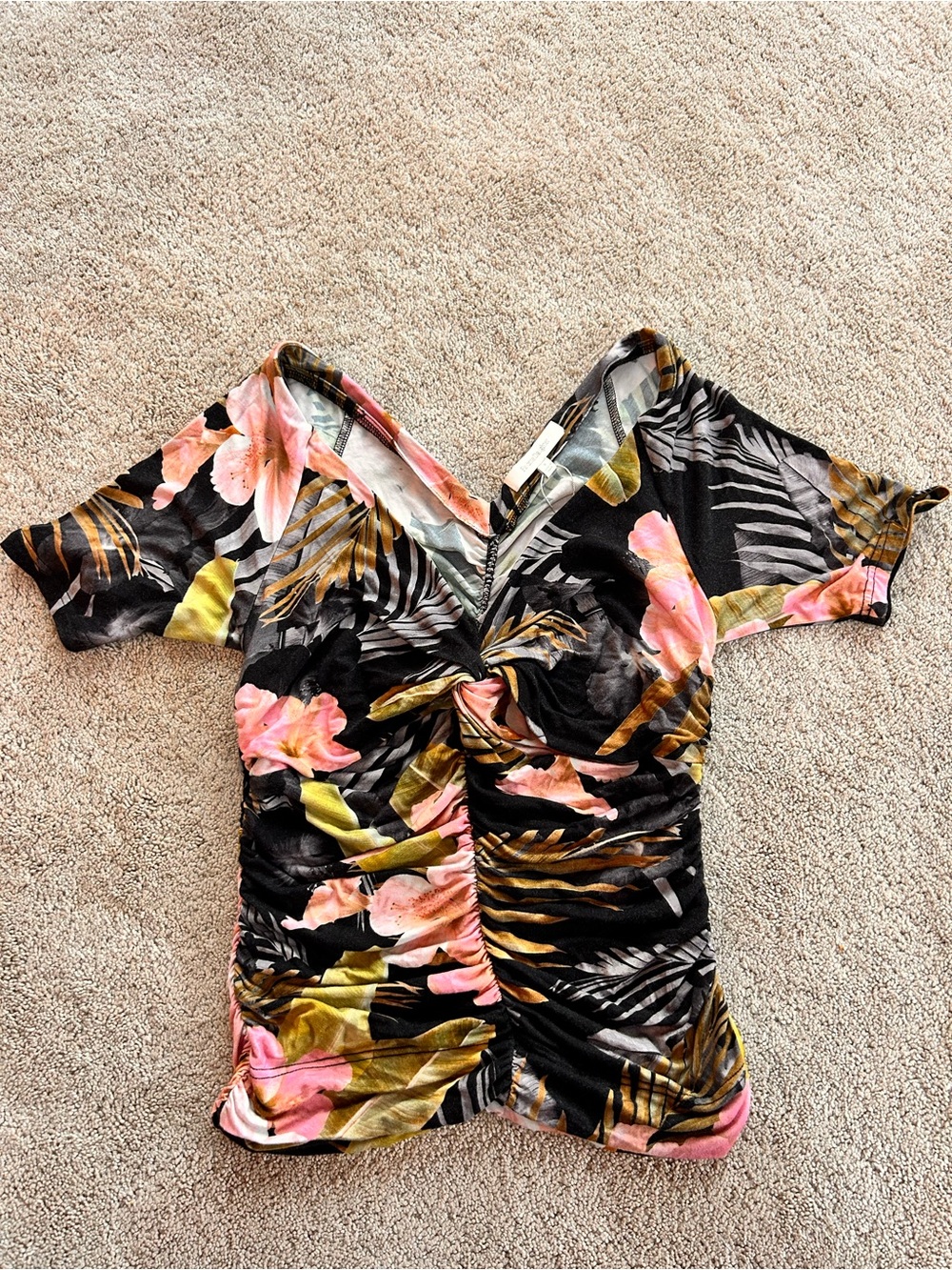 Favorite Daughter Tropical Ruched V-Neck Top - Black, Pink & Olive